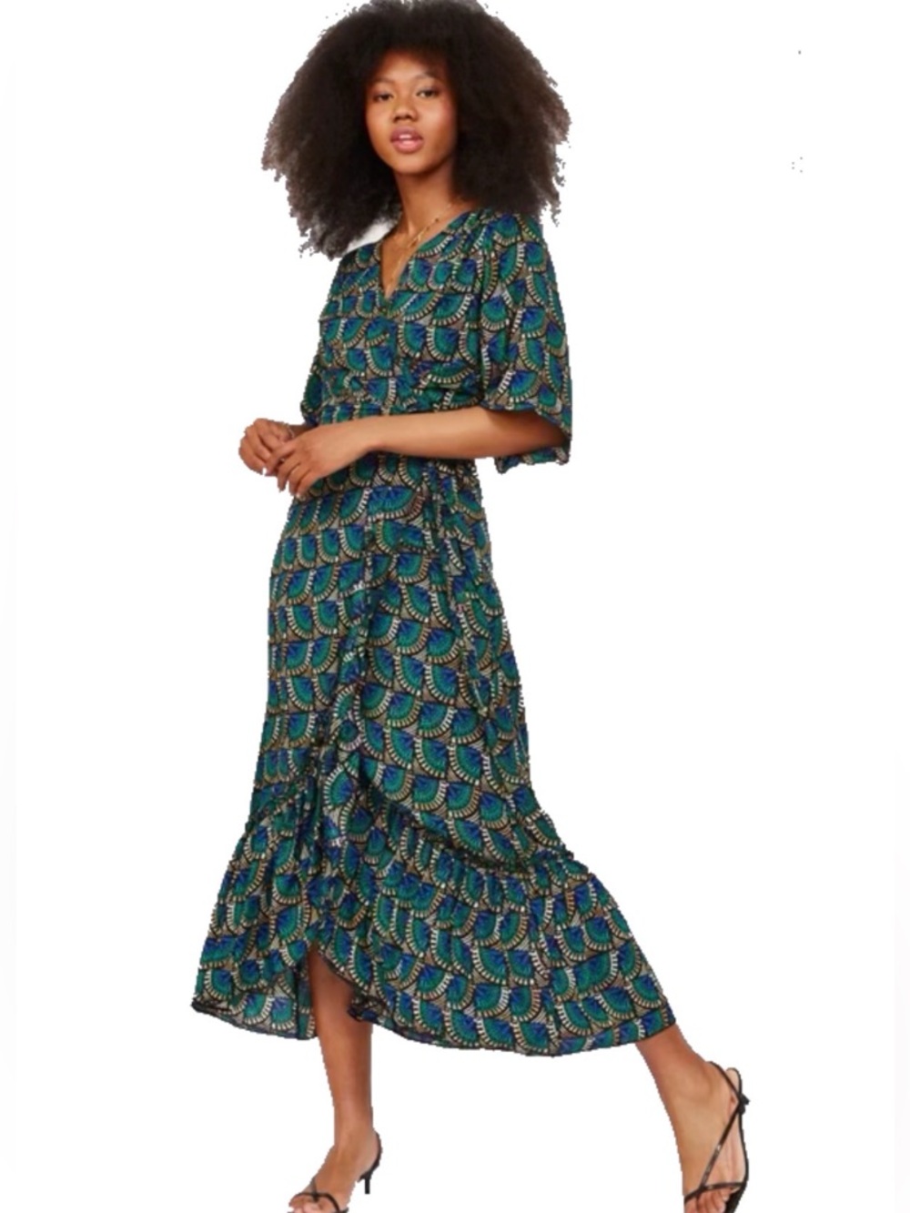 Printed Teal Green Maxi Dress with V-Neck